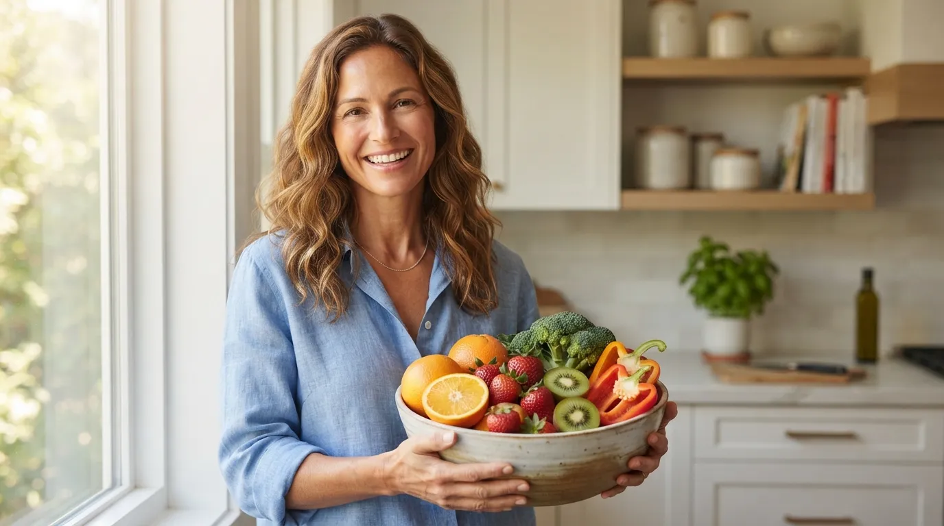 Healthy woman holding colorful fruits representing immune support, collagen production, and antioxidant protection.