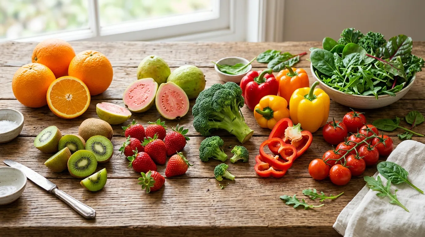 vitamin-c-rich-foods-prevention Fresh fruits and vegetables naturally rich in vitamin C arranged on a wooden table.