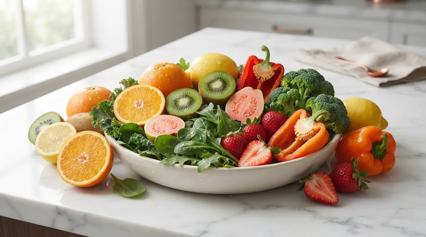 Fresh citrus fruits and vegetables representing natural dietary vitamin C sources.
