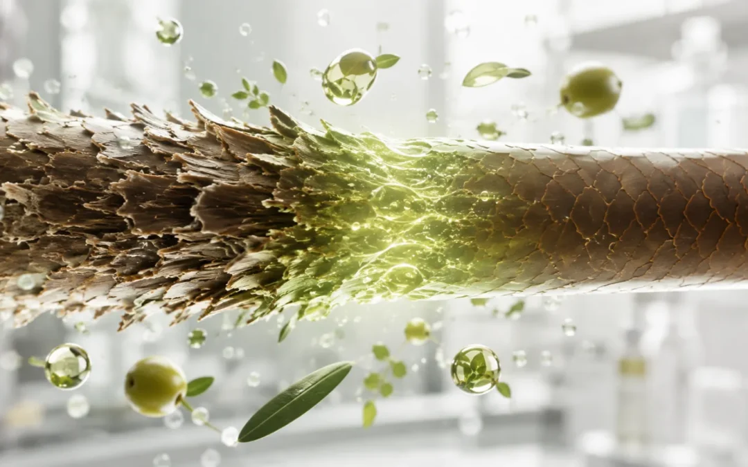 Microscopic view of a damaged hair cuticle being repaired by a targeted hair serum for damaged hair.