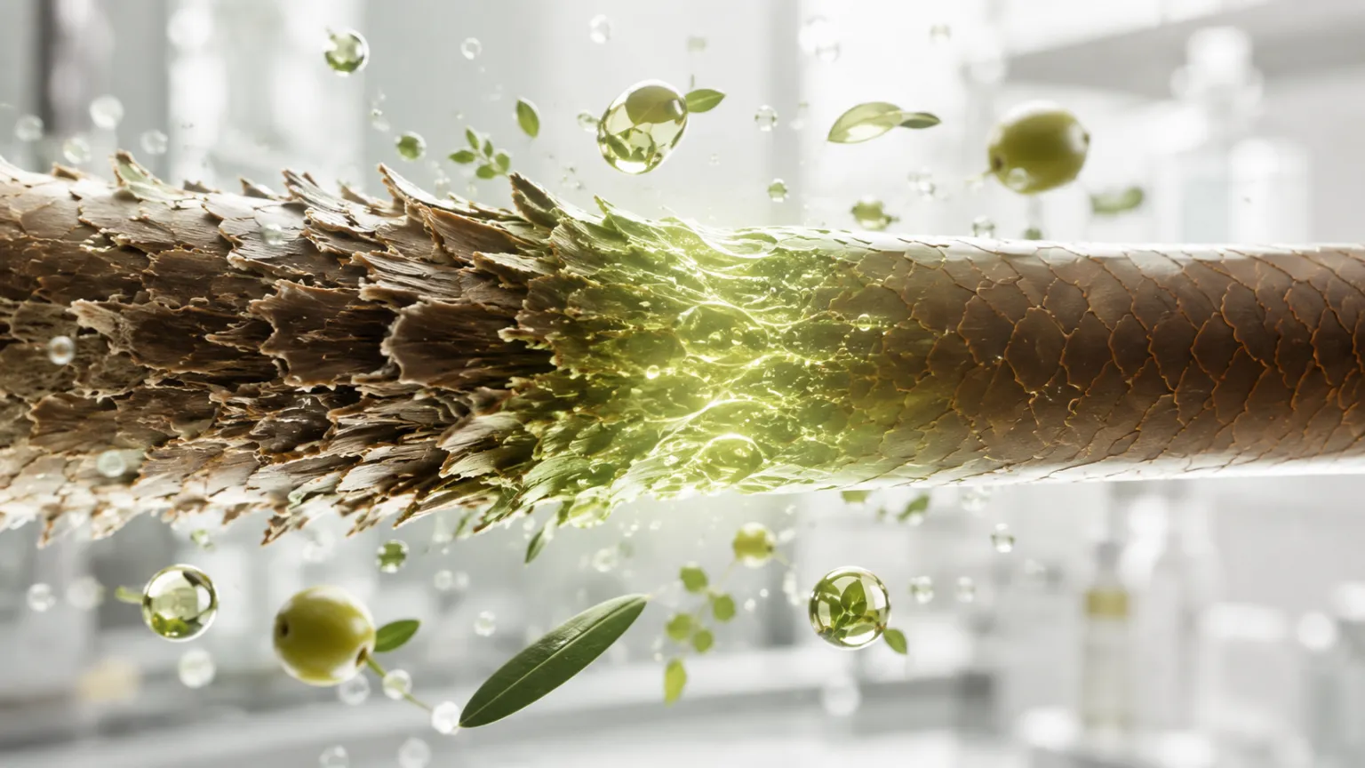 Microscopic view of a damaged hair cuticle being repaired by a targeted hair serum for damaged hair.